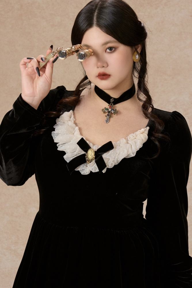 Night Party Lace Halloween Black Velvet Dresses for Women