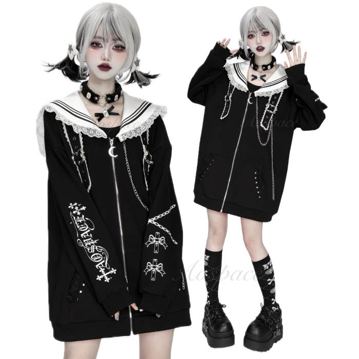 AO Space Sailor Collar Prints Black Overcoat Jirai Kei Clothes