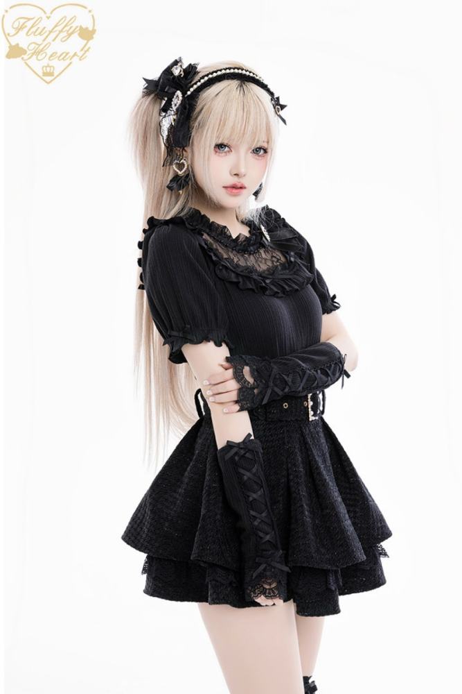 Fluffy Heart Rose Frost Short Sleeve Knitted Black Top Jirai Kei Clothes