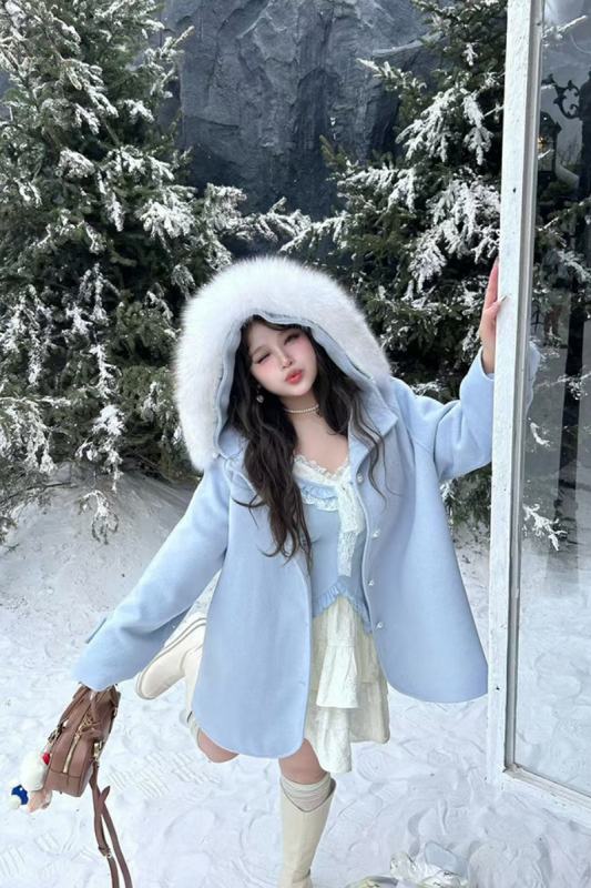 Hard Candy Gentle Woolen Plus Size Blue Red Overcoat