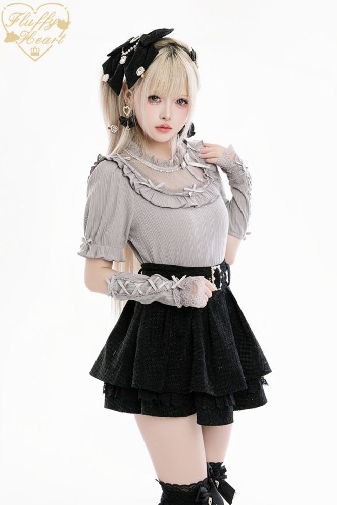 Fluffy Heart Rose Frost Short Sleeve Knitted Black Top Jirai Kei Clothes