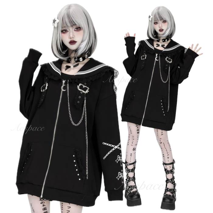 AO Space Sailor Collar Prints Black Overcoat Jirai Kei Clothes