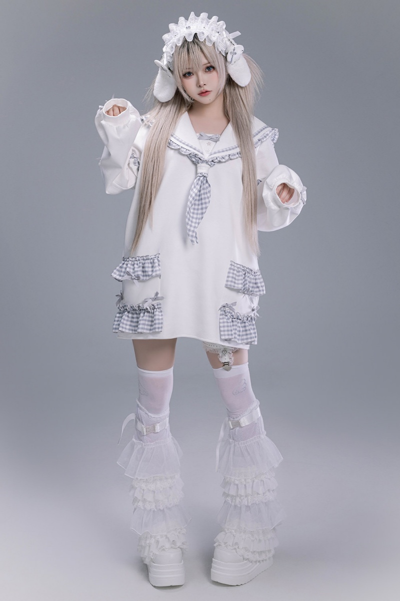 Fluffy Heart Striped Mercury Sailor Collar White Hoodie Jirai Kei