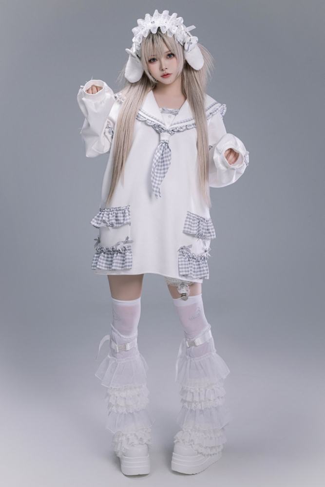 Fluffy Heart Striped Mercury Sailor Collar White Hoodie Jirai Kei Clothing