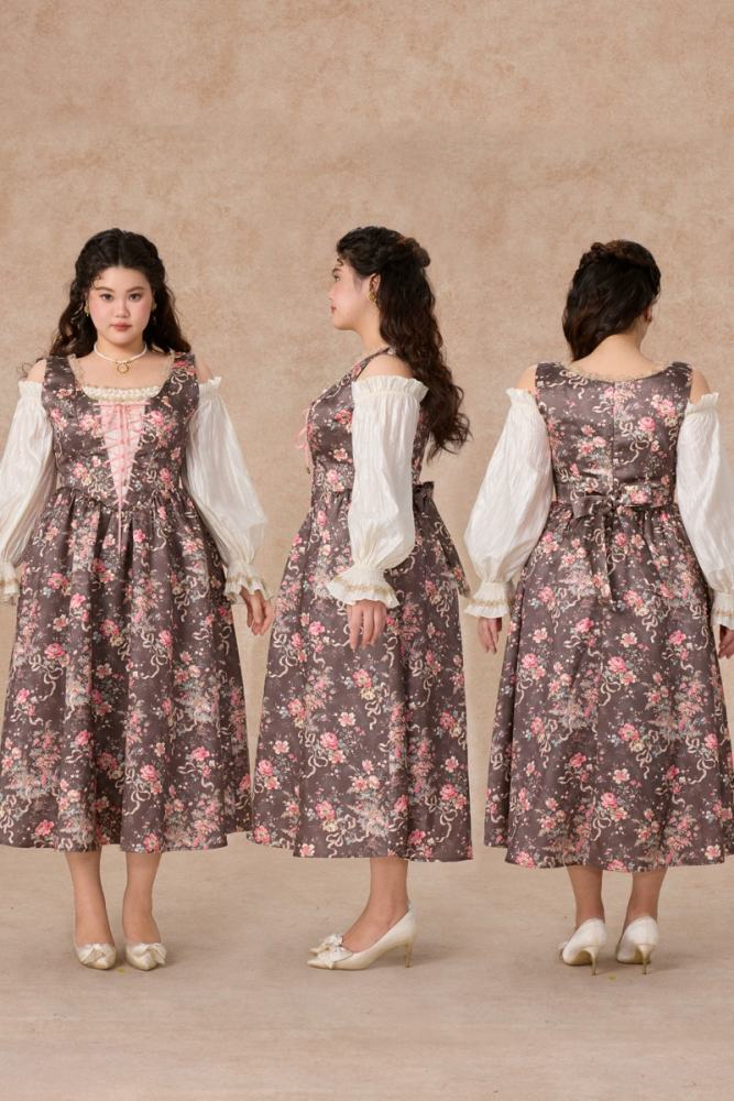 Provence Diary Fake Two Pieces Off Shoulder Floral Plus Size Dresses for Women