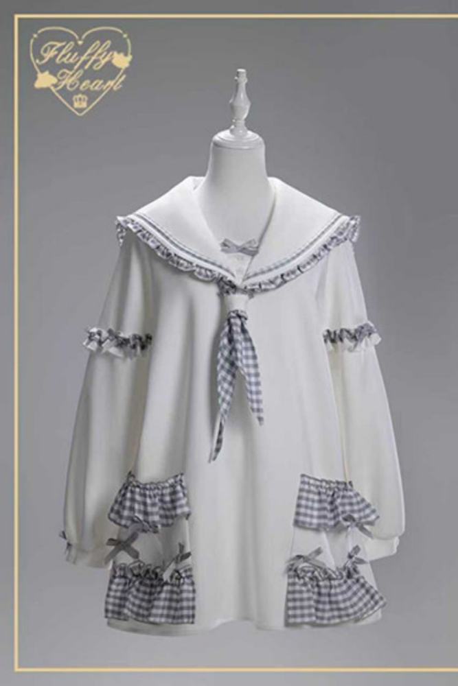 Fluffy Heart Striped Mercury Sailor Collar White Hoodie Jirai Kei Clothing