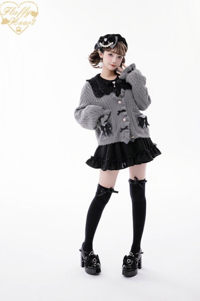 Fluffy Heart V Neck Ruffled Gray Cardigan Jirai Kei Clothing