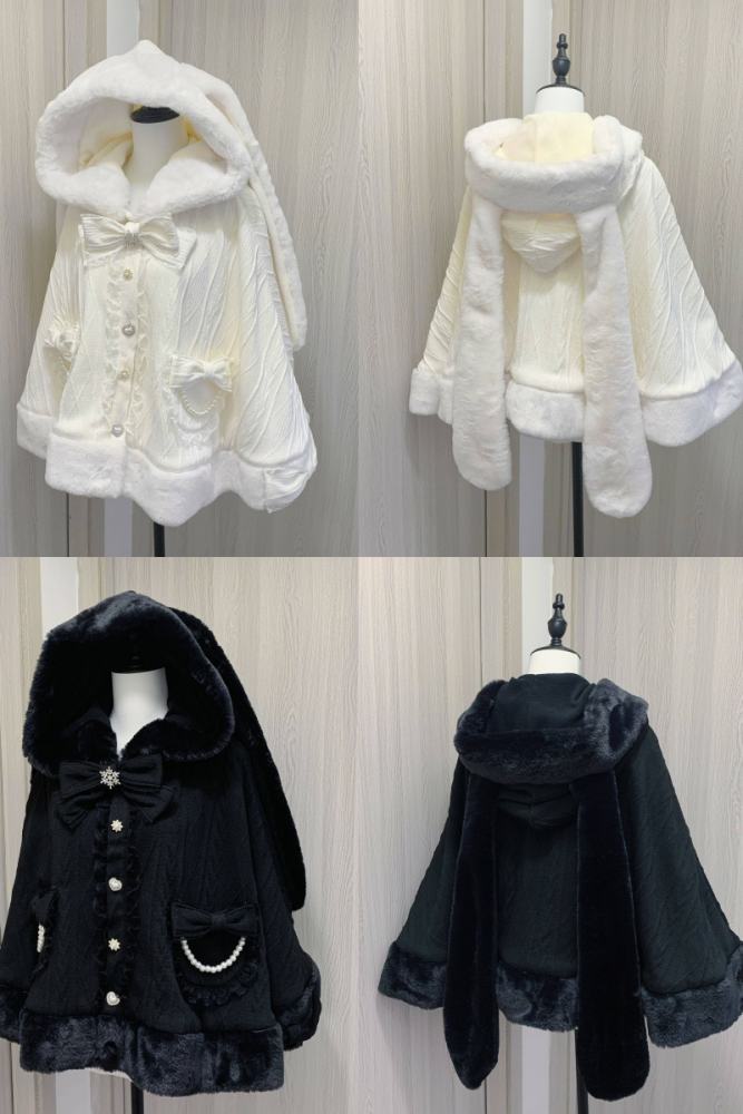 Virtual Paradise Kawaii Rabbit Ear Hooide Beige Cape Jirai Kei Outfits