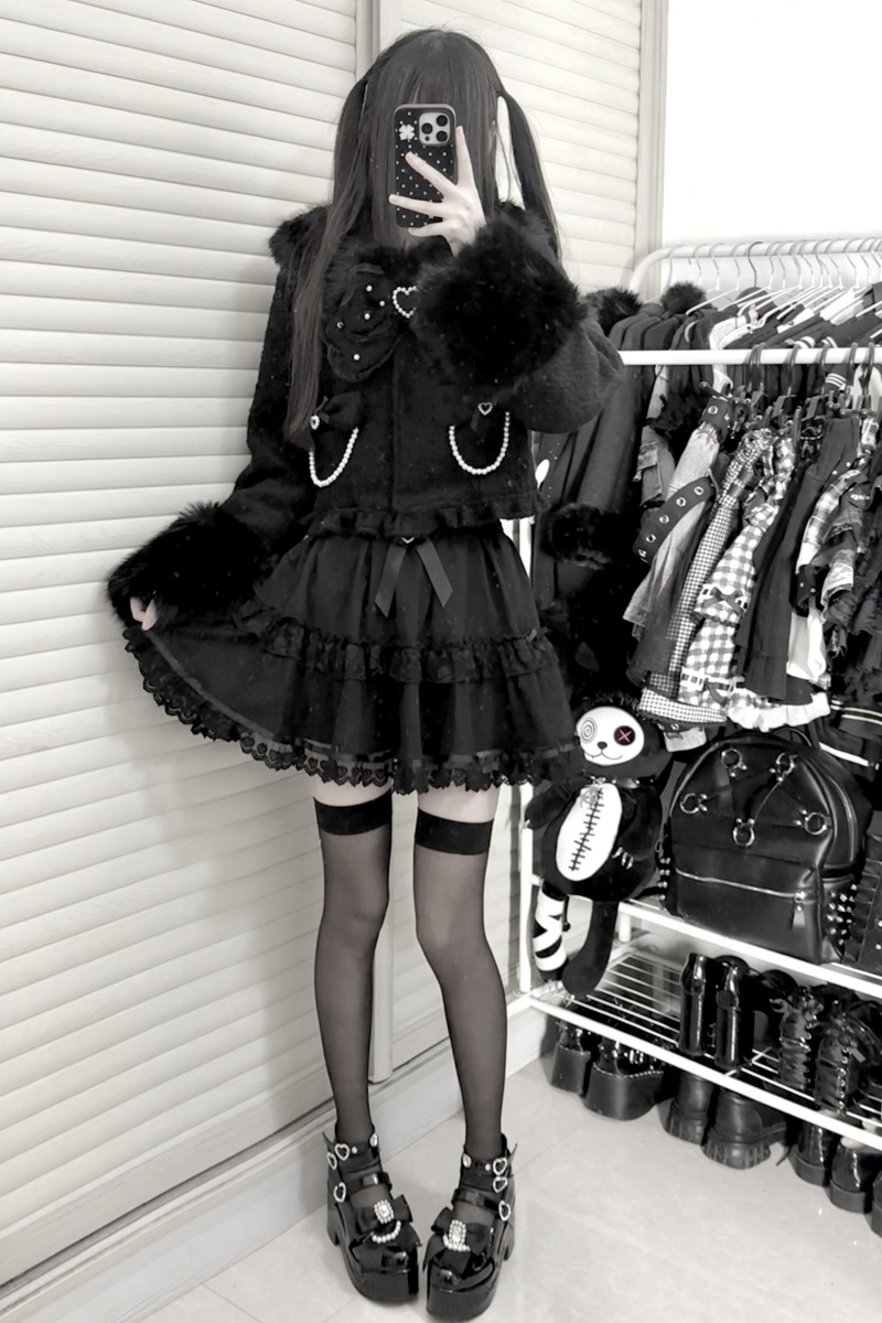 Virtual Paradise Japanese Wool Short Black Coat Jirai Kei Fashion