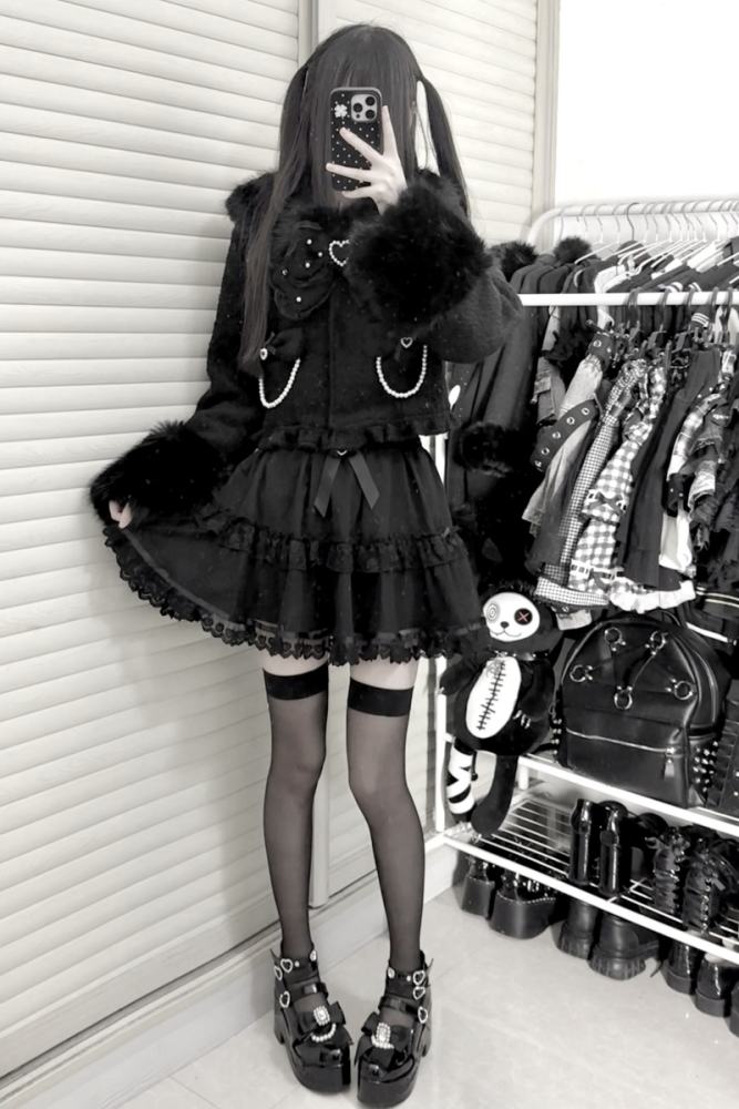 Virtual Paradise Japanese Wool Short Black Coat Jirai Kei Fashion