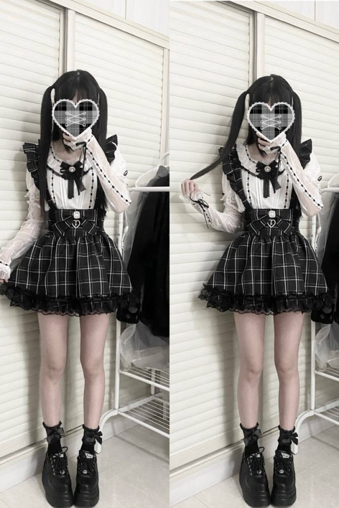 Virtual Paradise Shoulder Straps High Waist Black Plaid Skirt Jirai Kei Clothes