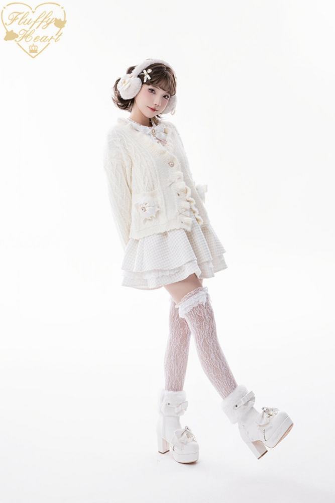 Fluffy Heart V Neck Ruffled Gray Cardigan Jirai Kei Clothing