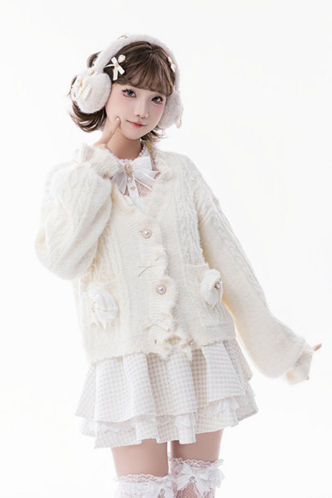 Fluffy Heart V Neck Ruffled Gray Cardigan Jirai Kei Clothing
