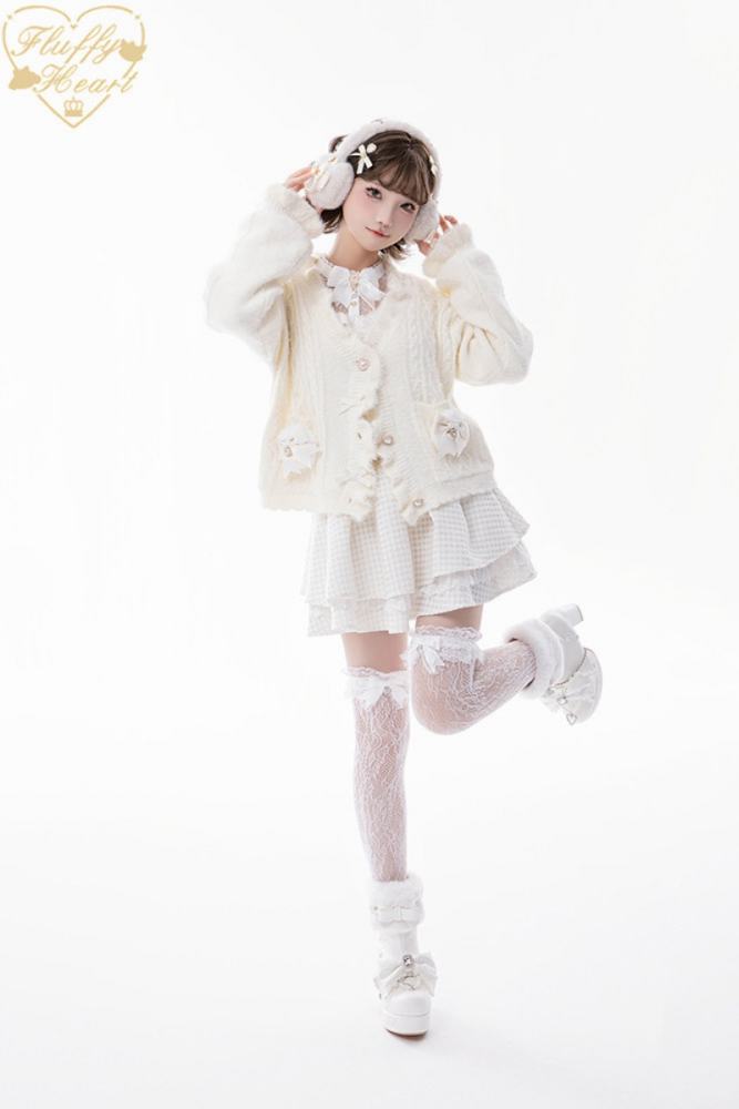 Fluffy Heart V Neck Ruffled Gray Cardigan Jirai Kei Clothing