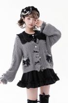 Fluffy Heart V Neck Ruffled Gray Cardigan Jirai Kei Clothing
