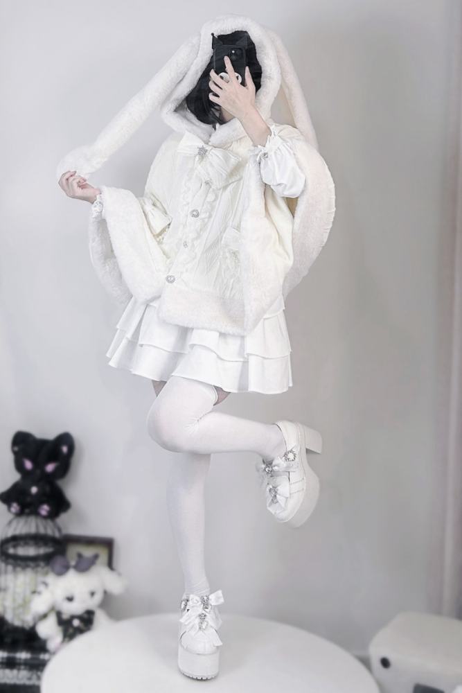 Virtual Paradise Kawaii Rabbit Ear Hooide Beige Cape Jirai Kei Outfits