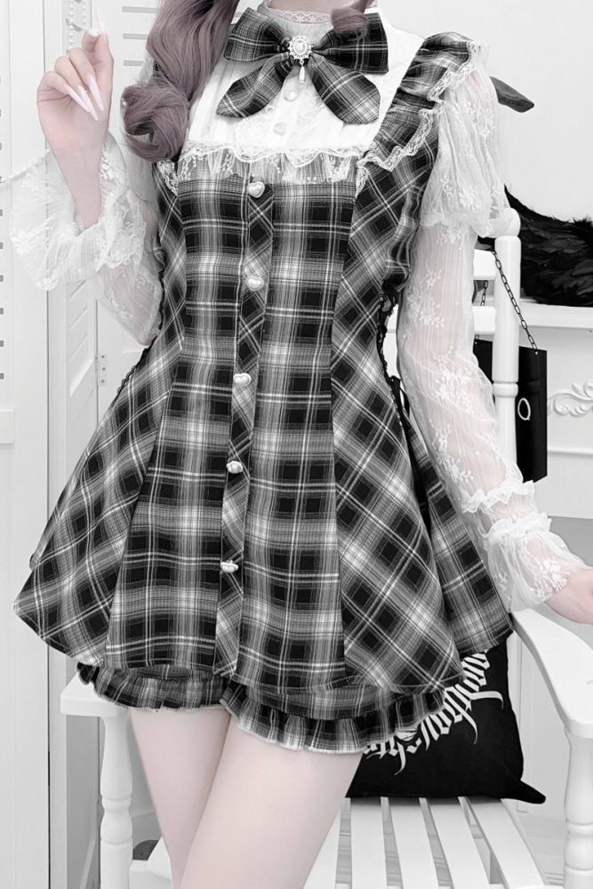 Virtual Paradise Lacework Black White Plaid Set Jirai Kei Outfits