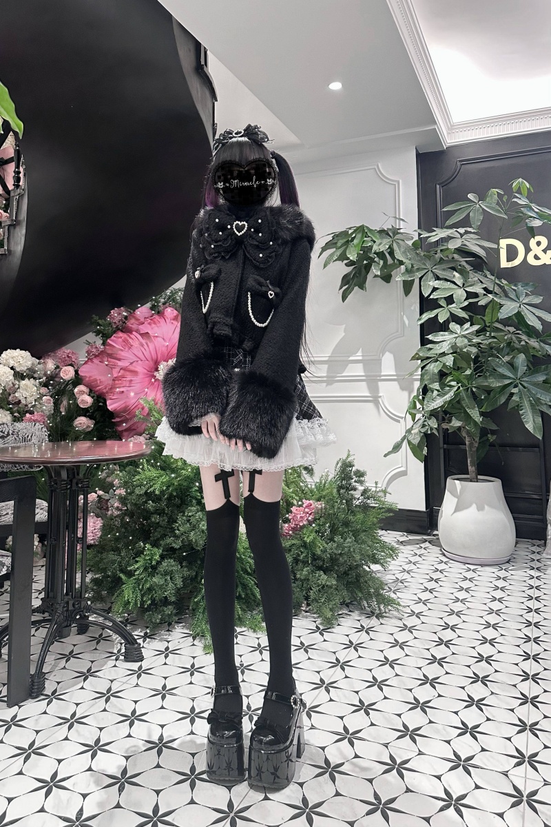 koto　シェリースキン Virtual Paradise Japanese Wool Short Black Coat Jirai Kei Fashion
