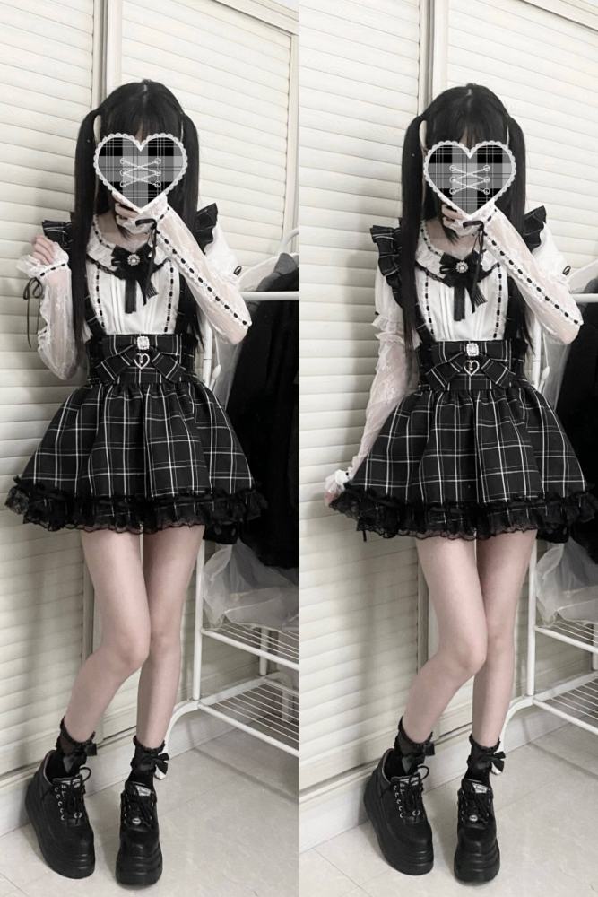 Virtual Paradise Shoulder Straps High Waist Black Plaid Skirt Jirai Kei Clothes