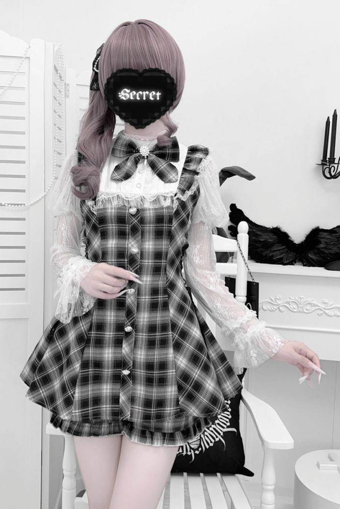 Virtual Paradise Lacework Black White Plaid Set Jirai Kei Outfits