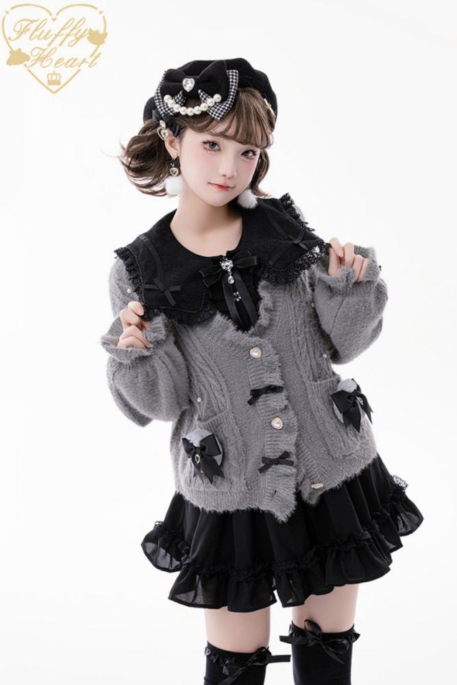 Fluffy Heart V Neck Ruffled Gray Cardigan Jirai Kei Clothing