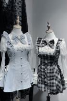 Virtual Paradise Lacework Black White Plaid Set Jirai Kei Outfits