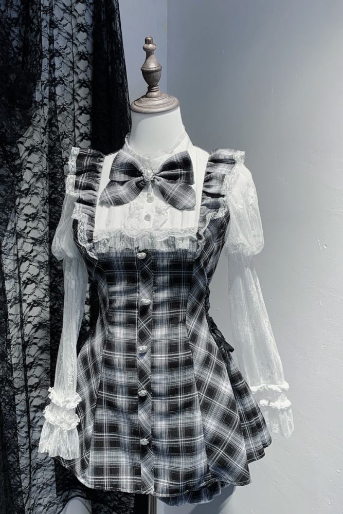 Virtual Paradise Lacework Black White Plaid Set Jirai Kei Outfits