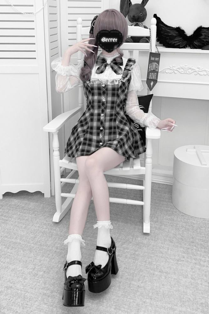 Virtual Paradise Lacework Black White Plaid Set Jirai Kei Outfits
