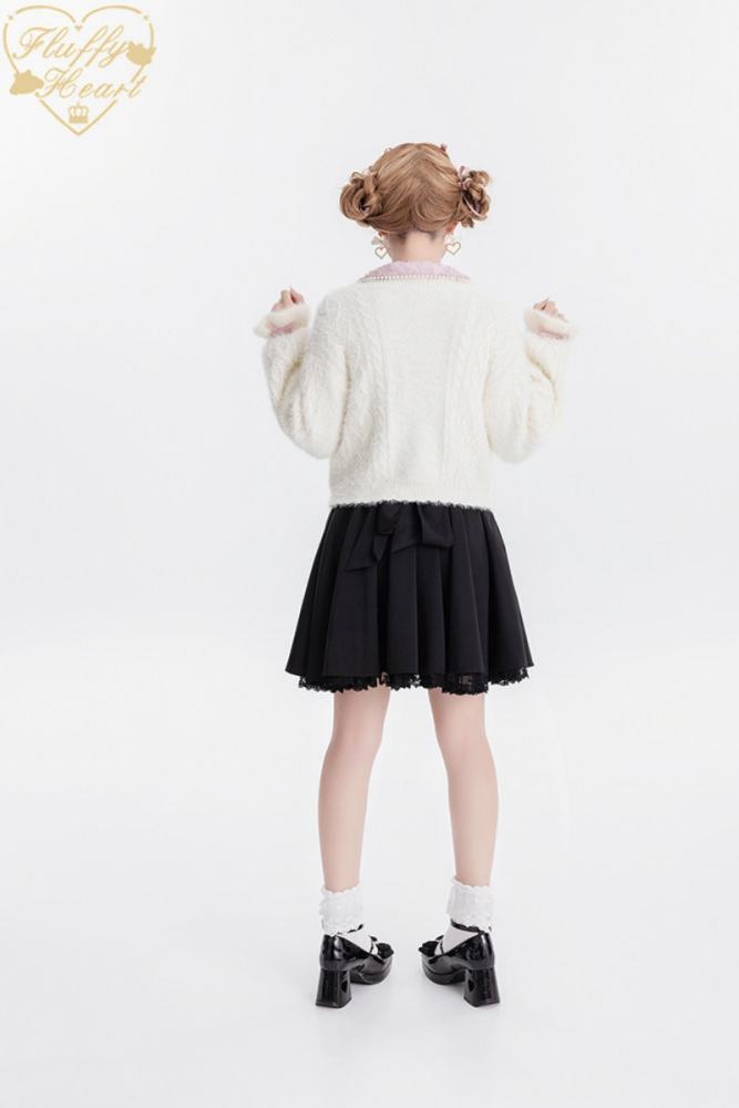 Fluffy Heart V Neck Ruffled Gray Cardigan Jirai Kei Clothing