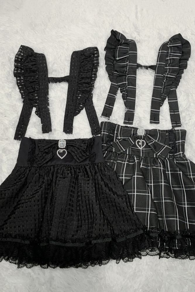 Virtual Paradise Shoulder Straps High Waist Black Plaid Skirt Jirai Kei Clothes