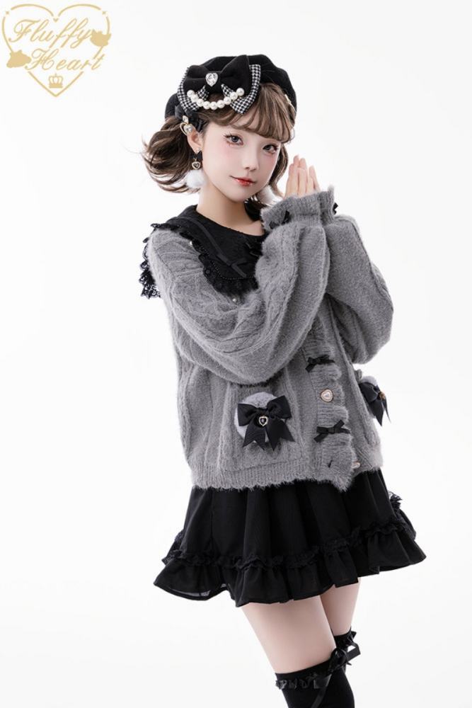 Fluffy Heart V Neck Ruffled Gray Cardigan Jirai Kei Clothing