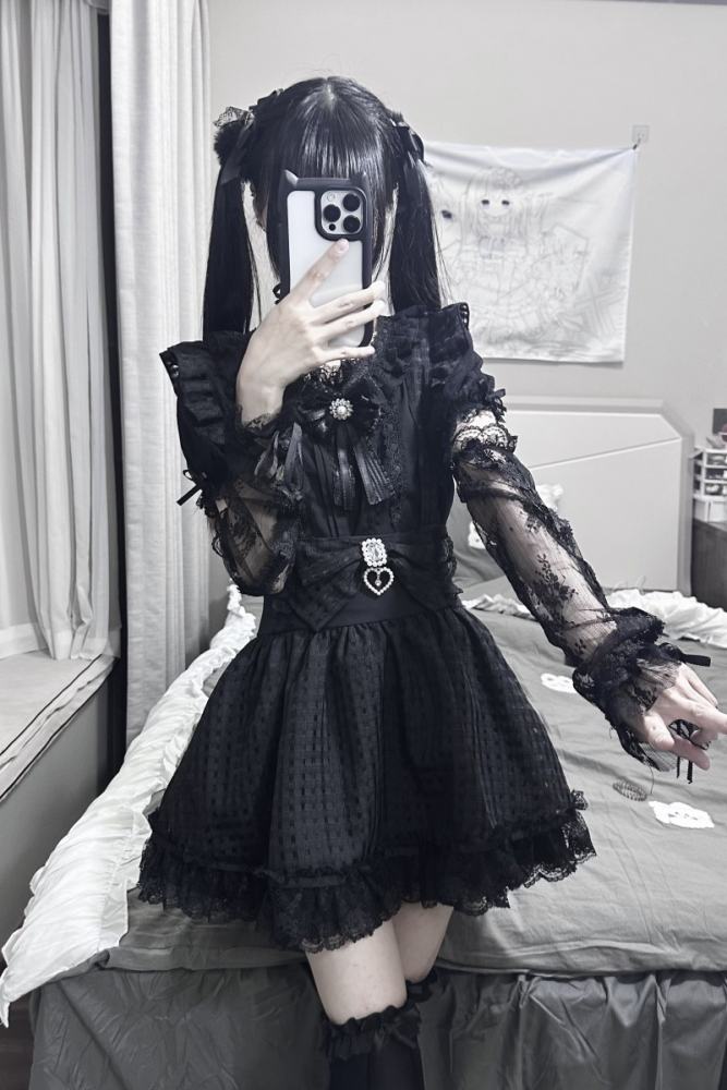 Virtual Paradise Shoulder Straps High Waist Black Plaid Skirt Jirai Kei Clothes