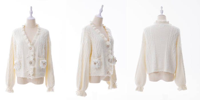 Fluffy Heart V Neck Ruffled Gray Cardigan Jirai Kei Clothing