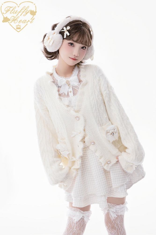 Fluffy Heart V Neck Ruffled Gray Cardigan Jirai Kei Clothing