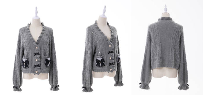 Fluffy Heart V Neck Ruffled Gray Cardigan Jirai Kei Clothing