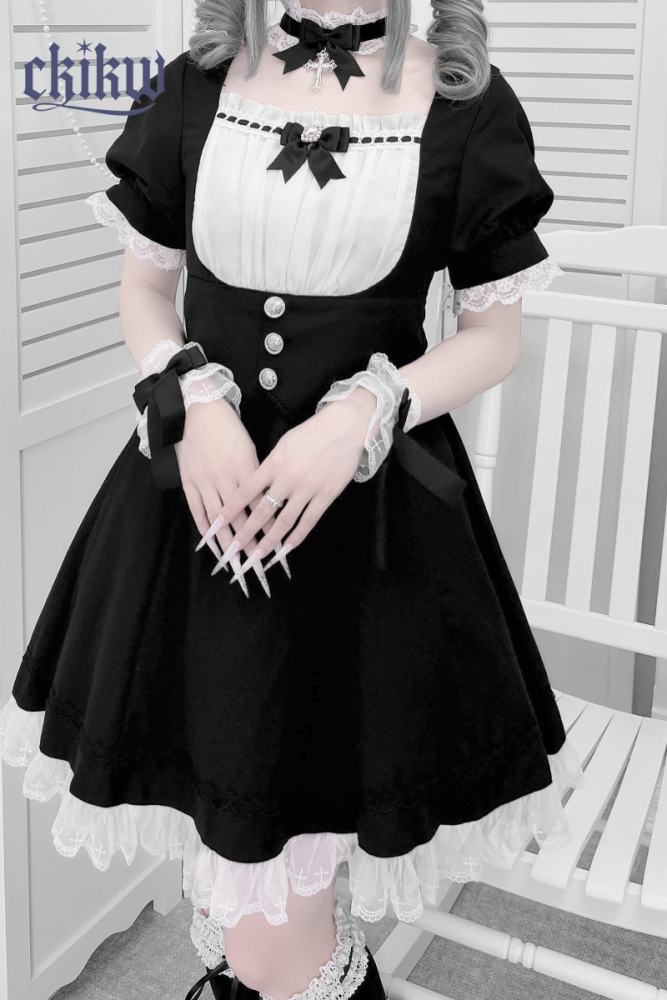 Ckikw Japanese Girdle Maid Lacework Black White Dress Jirai Kei Fashion - my-lolita-dress.com
