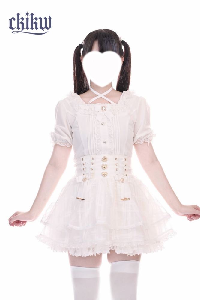 Ckikw Love Sparkle Ribbon Bow White Cake Skirt with back adjustable straps - my-lolita-dress.com