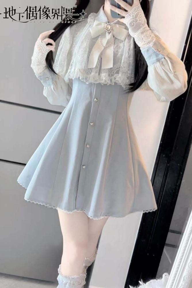 Ckikw Long Sleeve Hollowed Lacework Kuro Cape Dress Jirai Kei Clothes