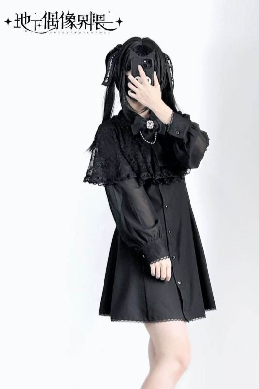 Ckikw Long Sleeve Hollowed Lacework Kuro Cape Dress Jirai Kei Clothes