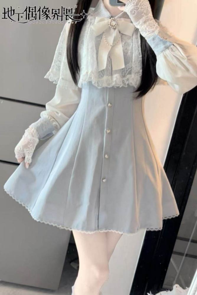 Ckikw Long Sleeve Hollowed Lacework Kuro Cape Dress Jirai Kei Clothes