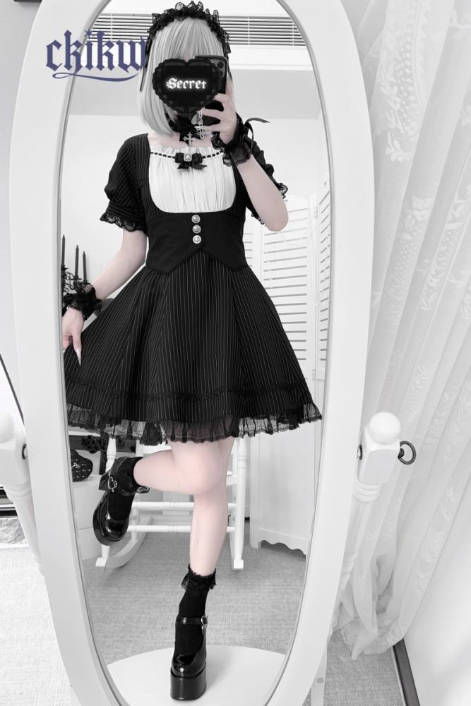 Ckikw Japanese Girdle Maid Lacework Black White Dress Jirai Kei Fashion