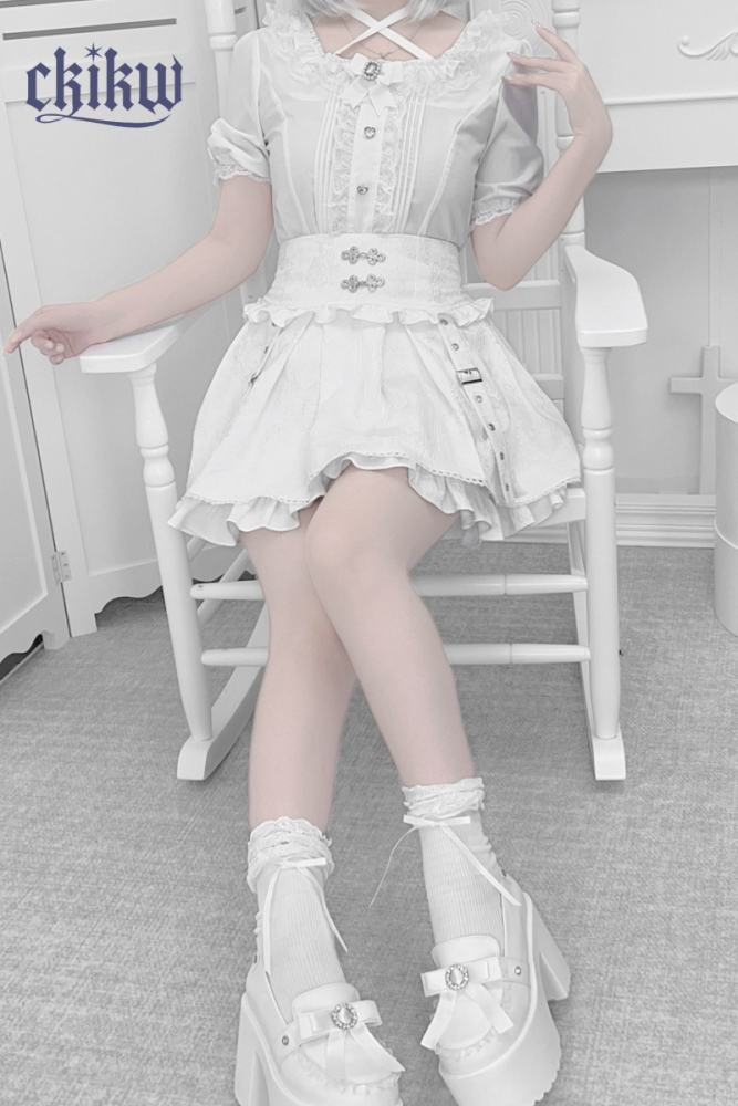 Ckikw Glamorous Chinese Buttons Metal Straps Kuro Skirt Jirai Kei Clothing