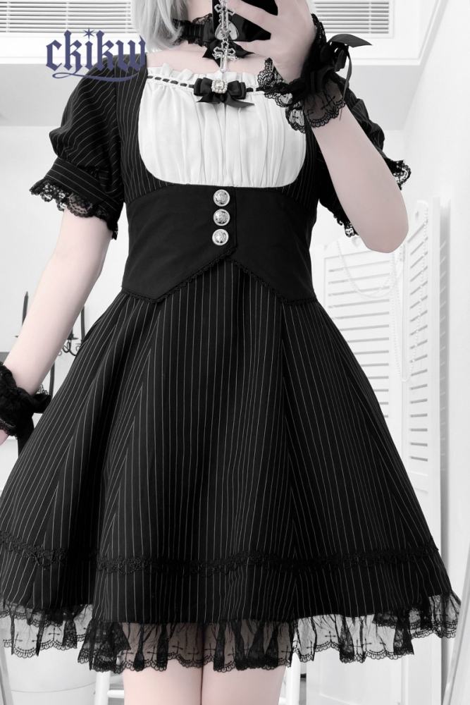 Ckikw Japanese Girdle Maid Lacework Black White Dress Jirai Kei Fashion
