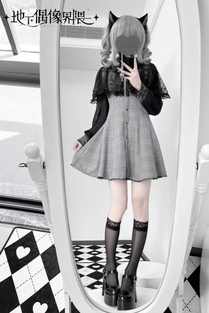 Ckikw Long Sleeve Hollowed Lacework Kuro Cape Dress Jirai Kei Clothes