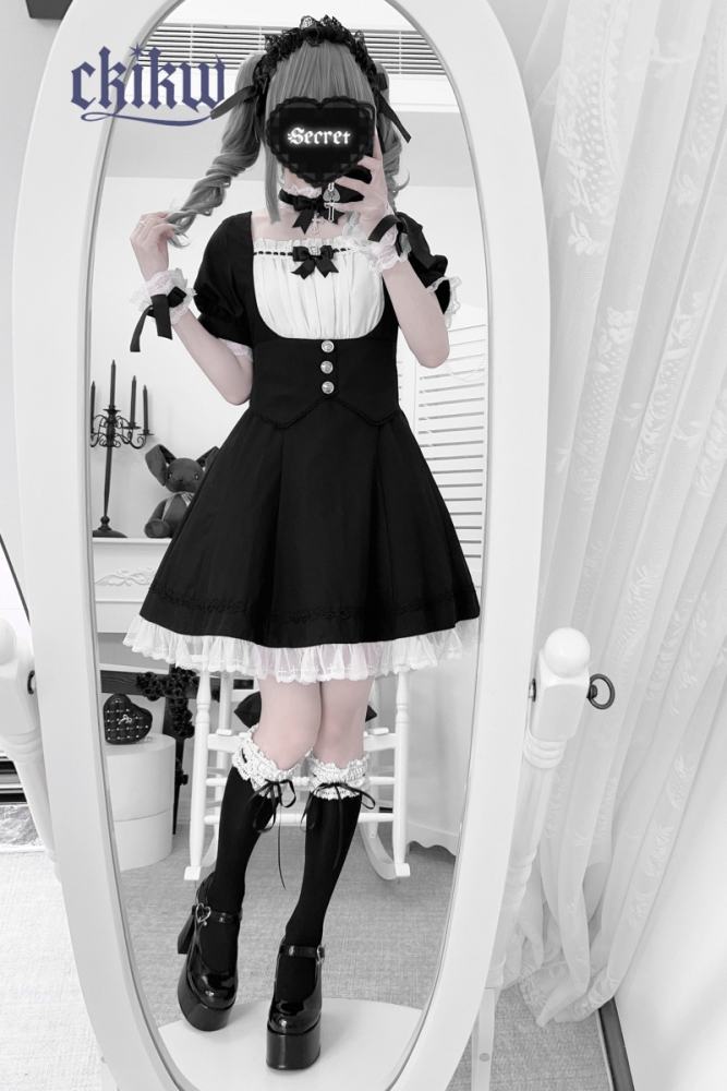 Ckikw Japanese Girdle Maid Lacework Black White Dress Jirai Kei Fashion