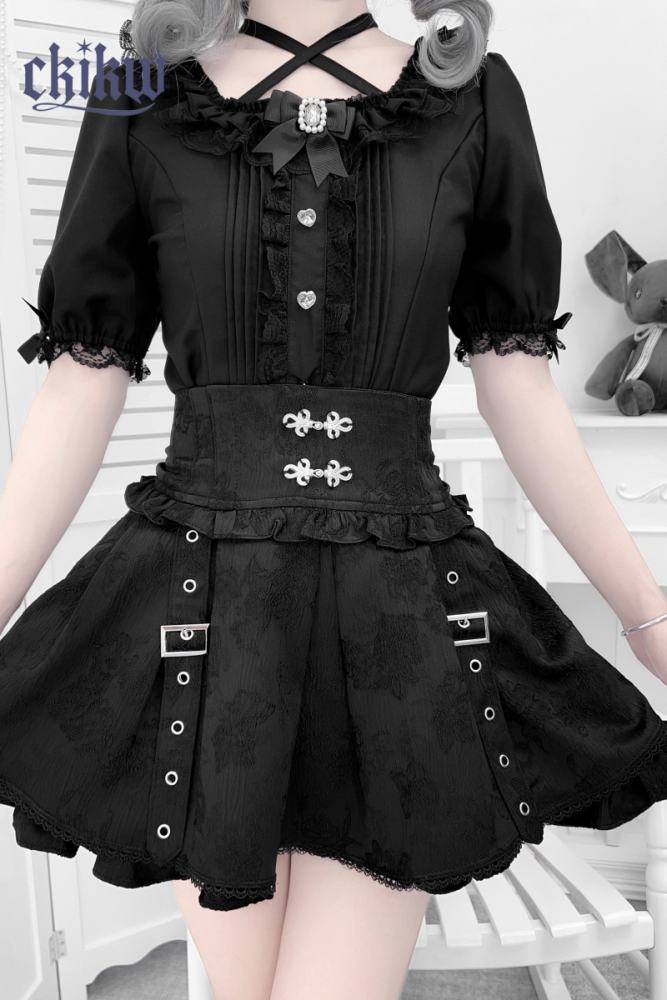 Ckikw Glamorous Chinese Buttons Metal Straps Kuro Skirt Jirai Kei Clothing