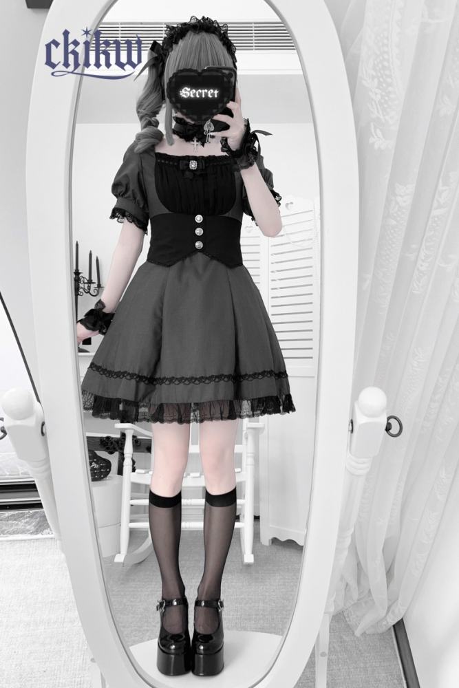 Ckikw Japanese Girdle Maid Lacework Black White Dress Jirai Kei Fashion