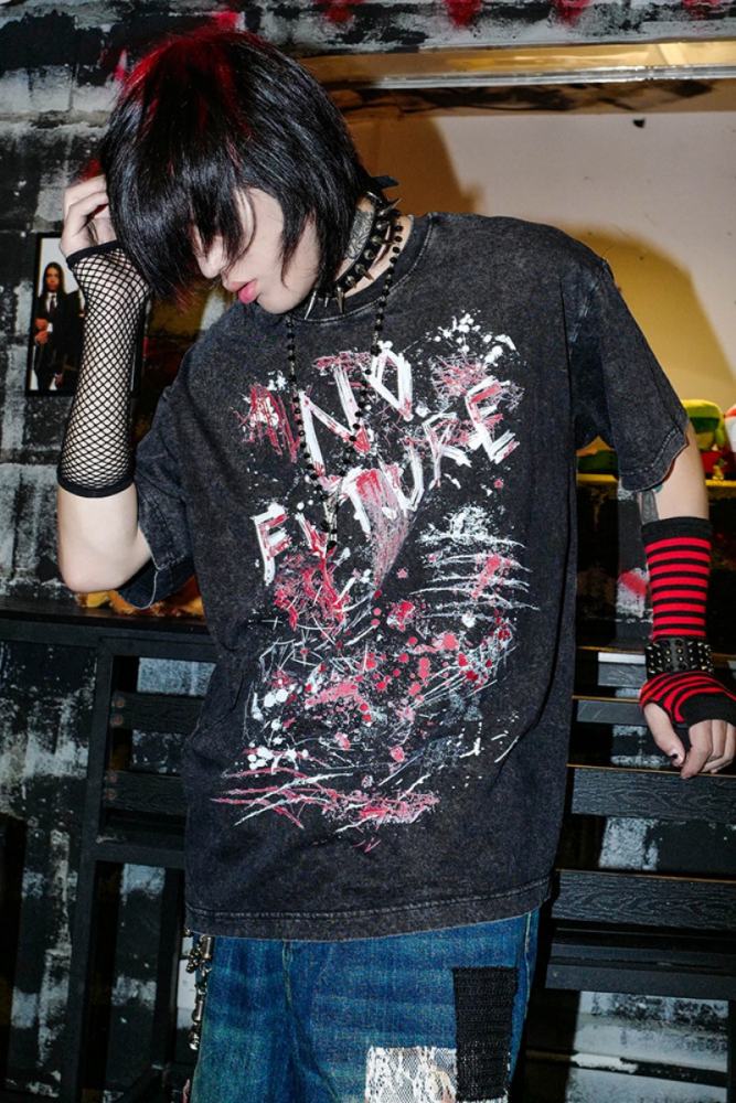 Bizzcut Club Future Infinite Rock Graffiti Punk Black T shirt Jirai Kei Clothing