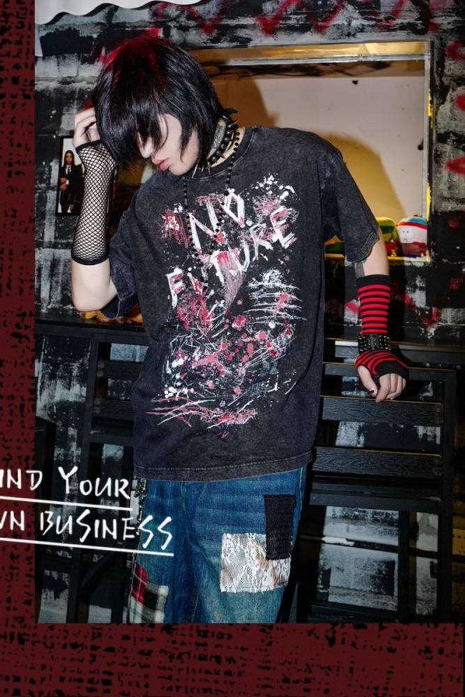 Bizzcut Club Future Infinite Rock Graffiti Punk Black T shirt Jirai Kei Clothing