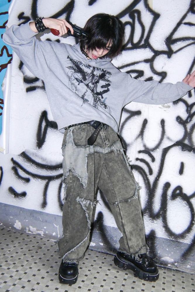 Bizzcut Club Night Knight Subculture Printed Grey Hoodie Jirai Kei Clothing